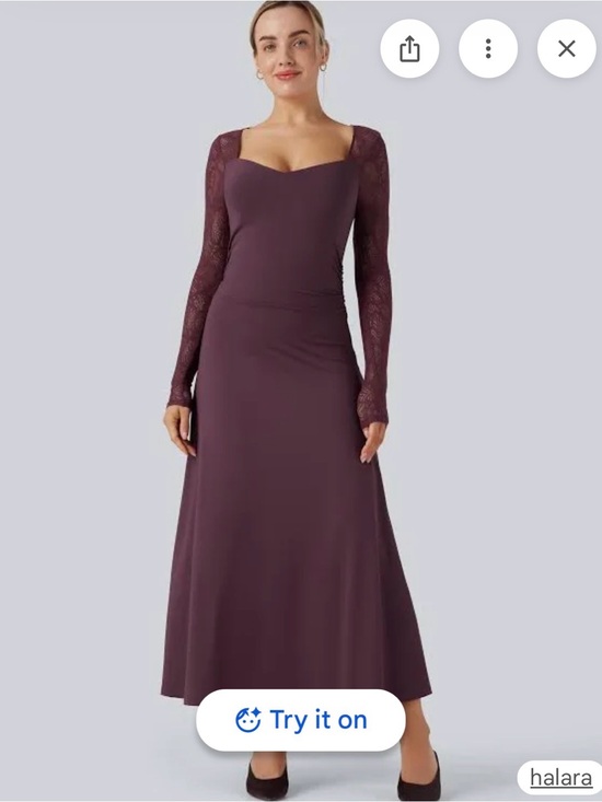 HALARA Dresses & Skirts - HALARA Plum Long-Sleeve Lace-Sleeve A-Line Dress